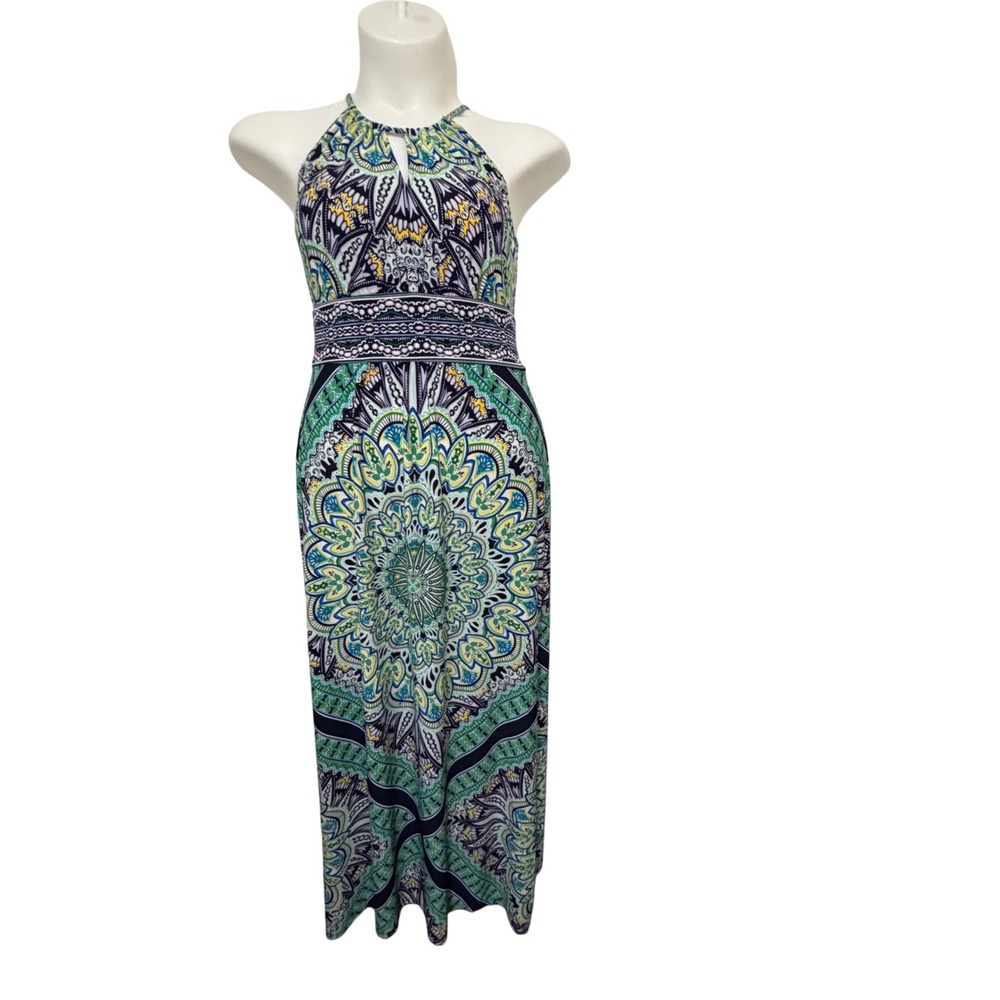 London Style Collection Women's Green Blue Mandala Halter Maxi Dress Size 8 Boho